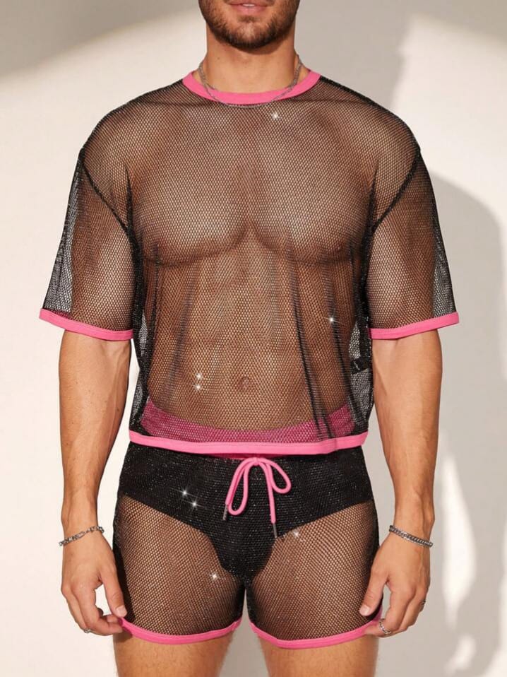 NIGHT-RIDER Men's Mesh Loose Fit Sexy Sleepwear T-shirt & Short Set